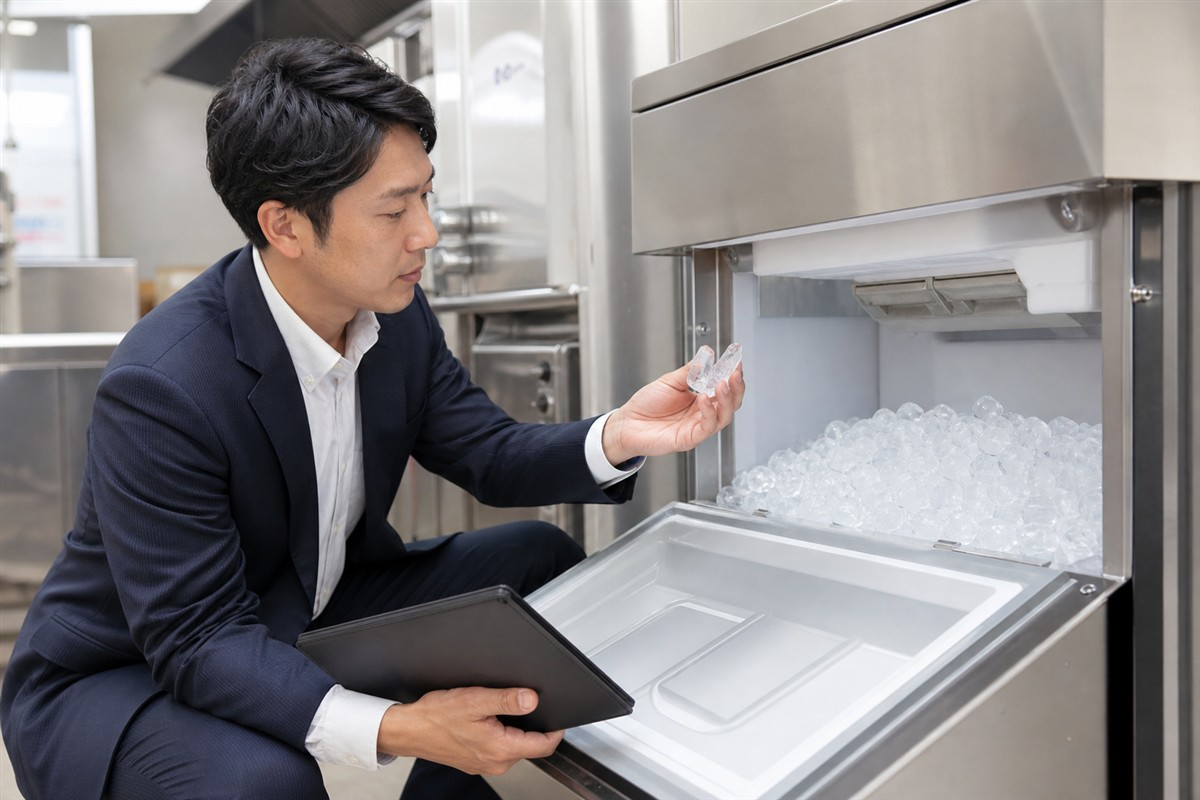 製氷機の動作を確認する日本人査定スタッフ
