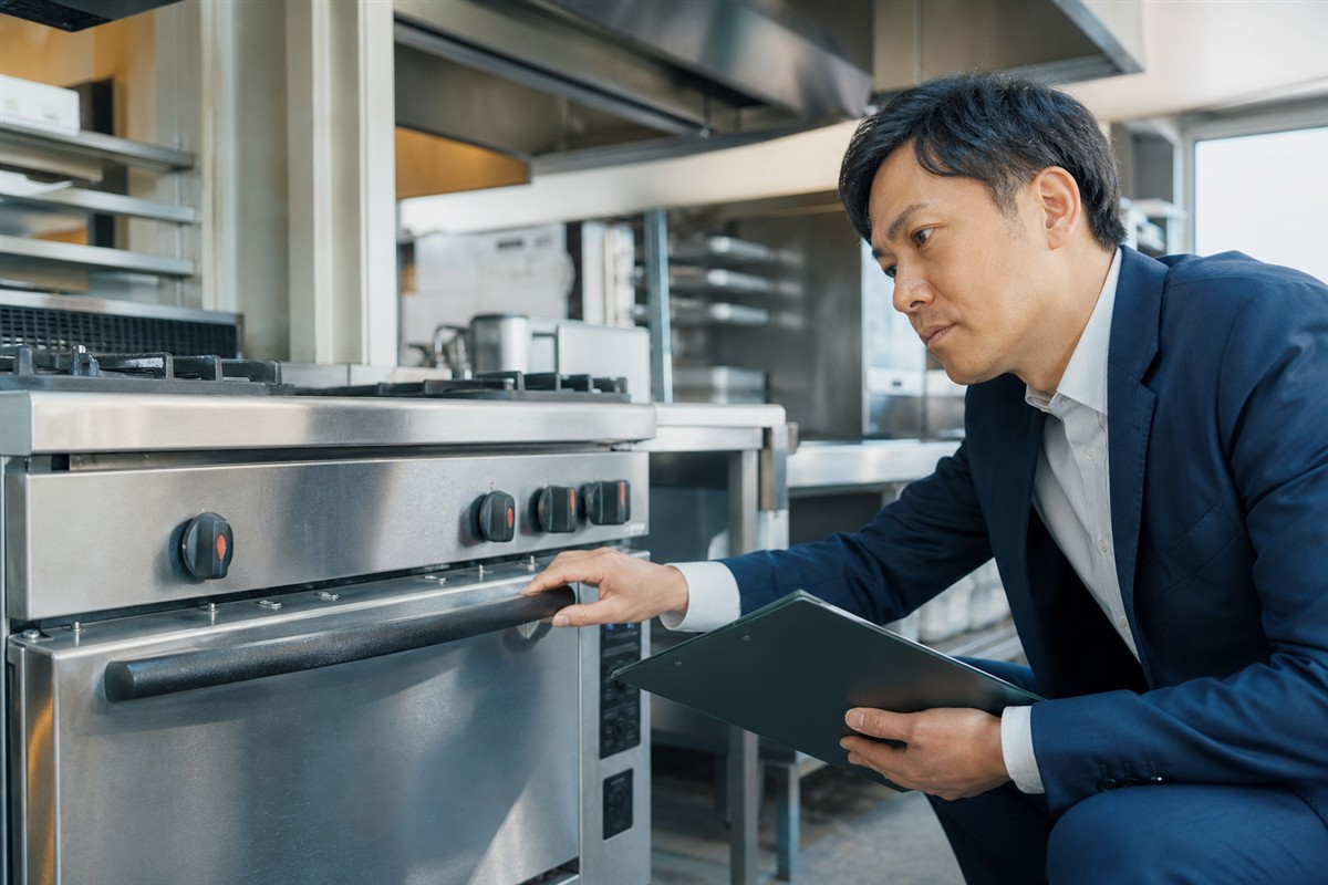 厨房機器の動作を確認する日本人査定スタッフ