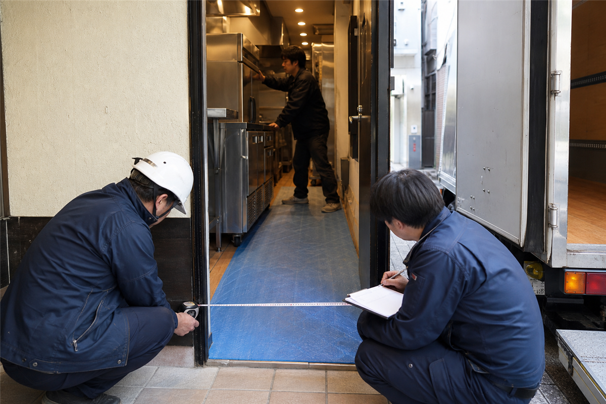 店舗の搬出経路と扉幅を採寸する様子