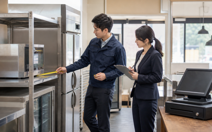 店舗移転前に厨房機器と什器を確認するスタッフ