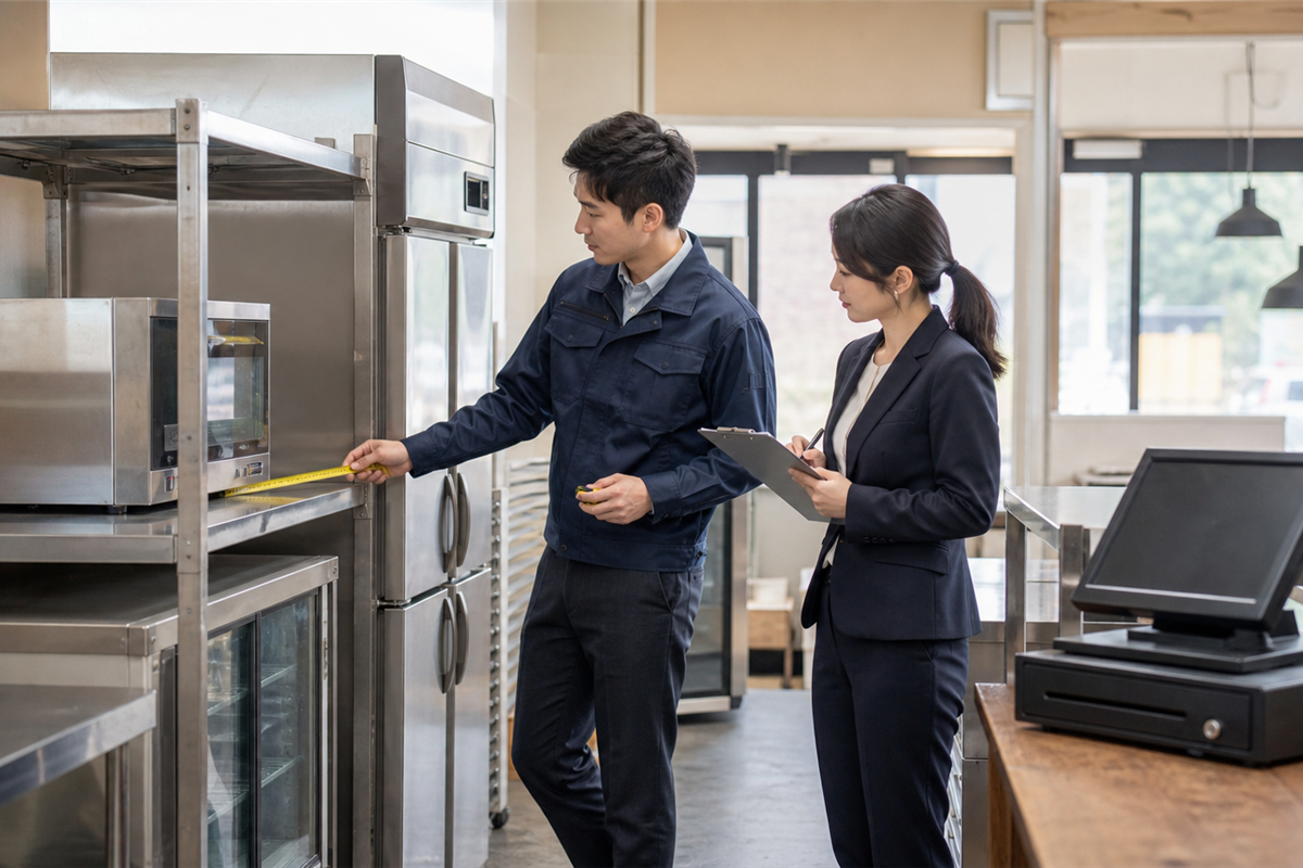 店舗移転前に厨房機器と什器を確認するスタッフ