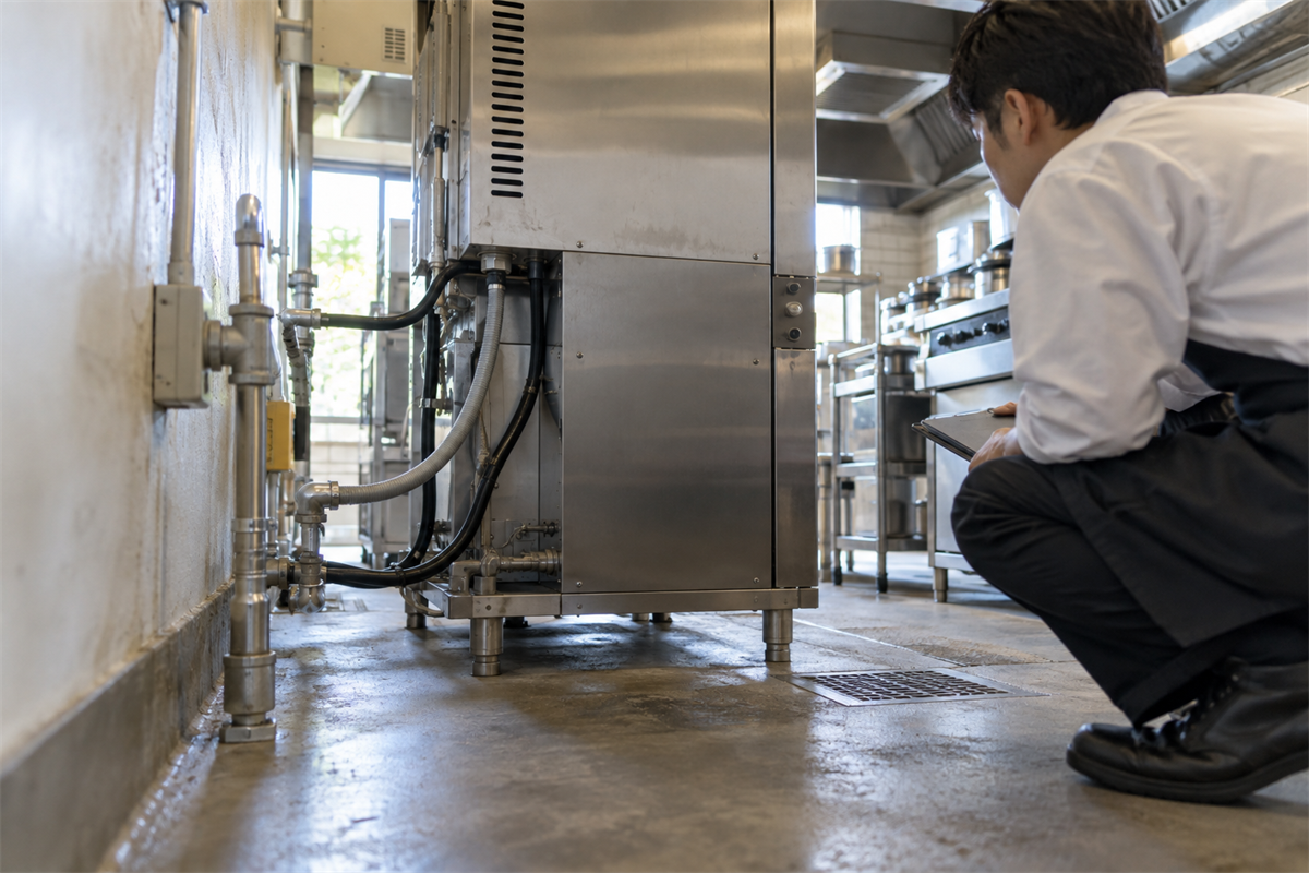 業務用コンベクションオーブンの接続口と周囲の配管経路