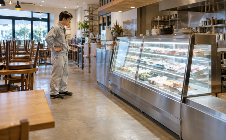 業務用冷蔵ショーケースと周囲の設置状況を確認する店舗担当者