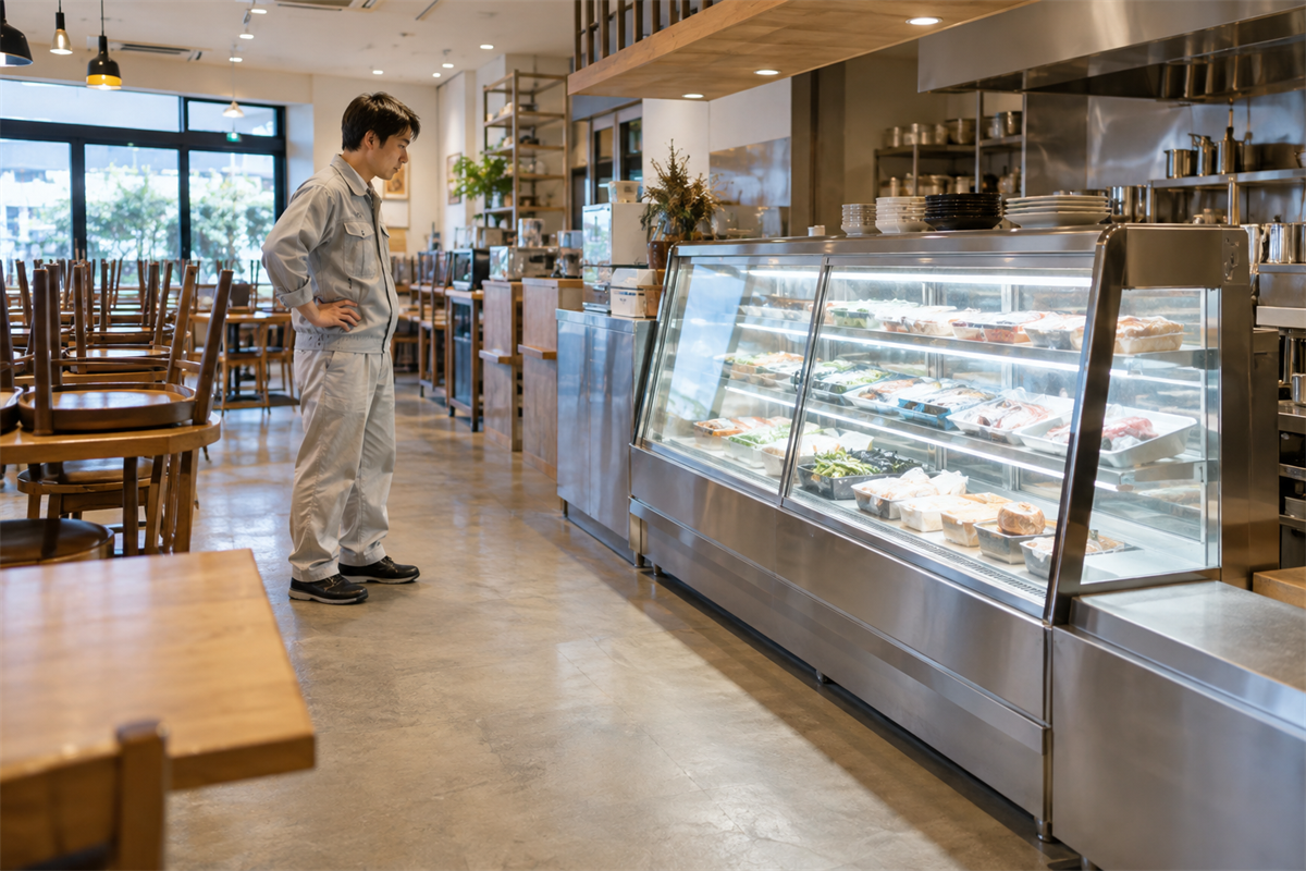 業務用冷蔵ショーケースと周囲の設置状況を確認する店舗担当者