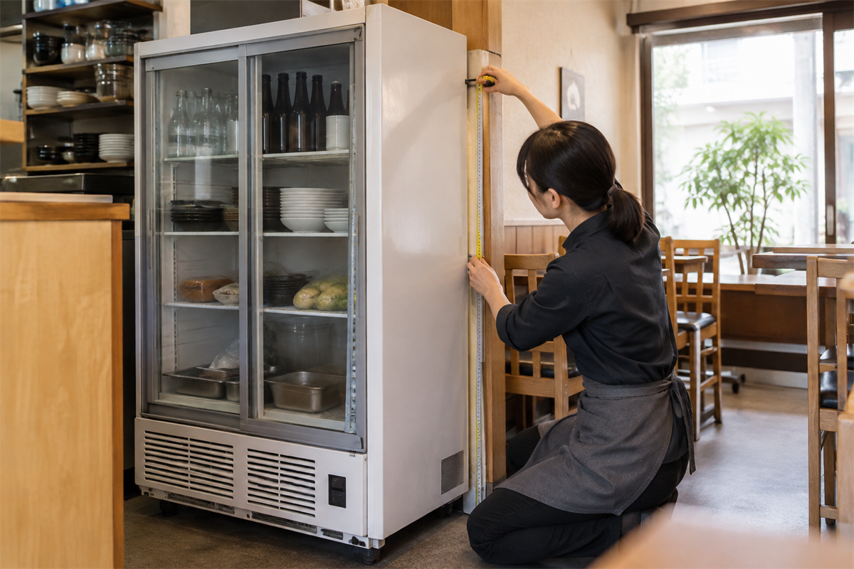 業務用冷蔵ショーケースの銘板位置と外形寸法を確認する様子