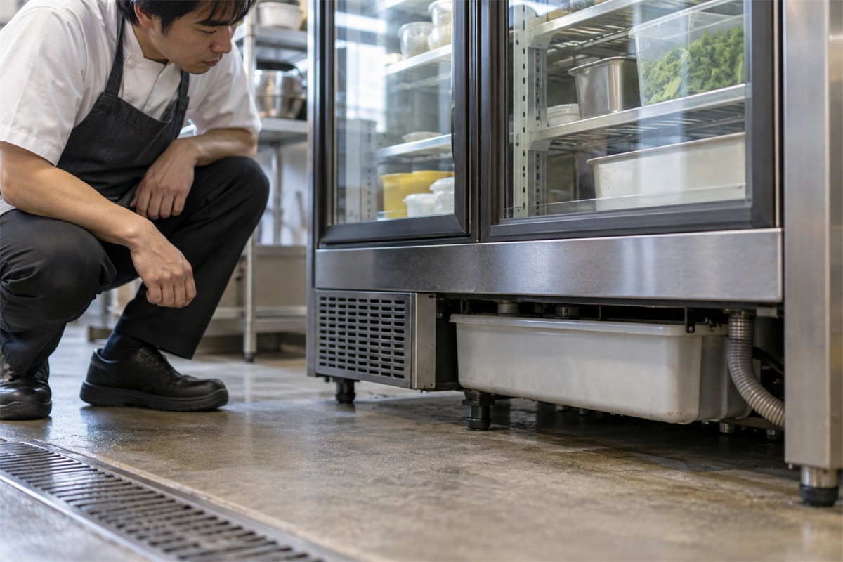 冷蔵ショーケースの足元にあるドレンパンを外から確認する様子