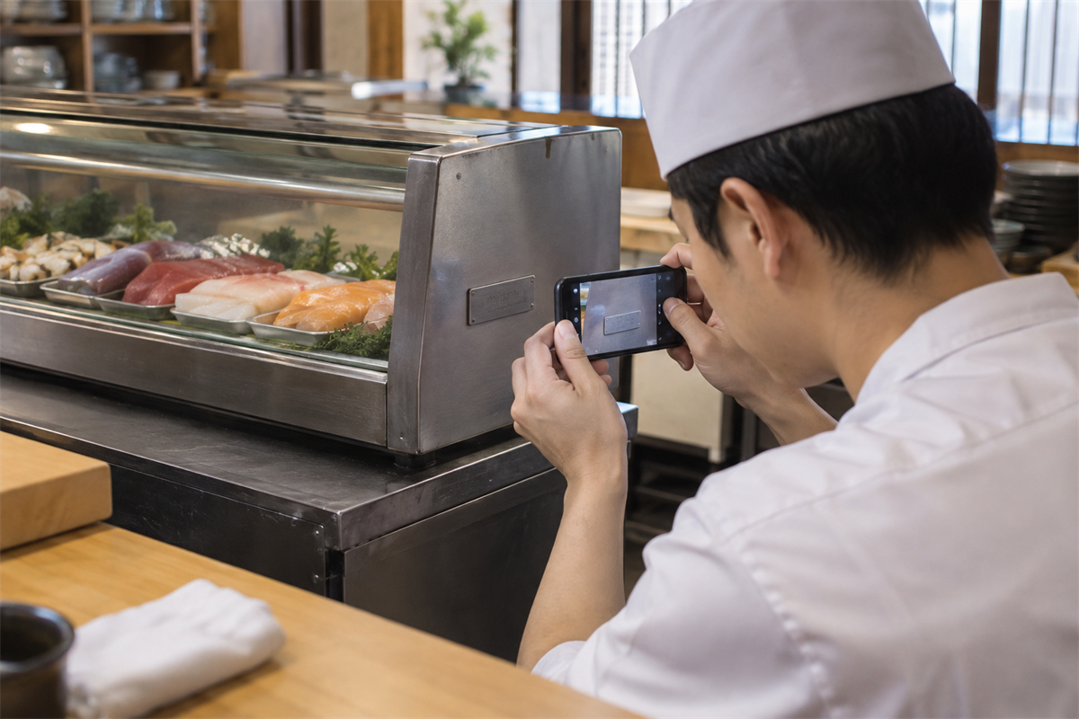 冷蔵ネタケース側面の銘板位置をスマートフォンで撮影している手元