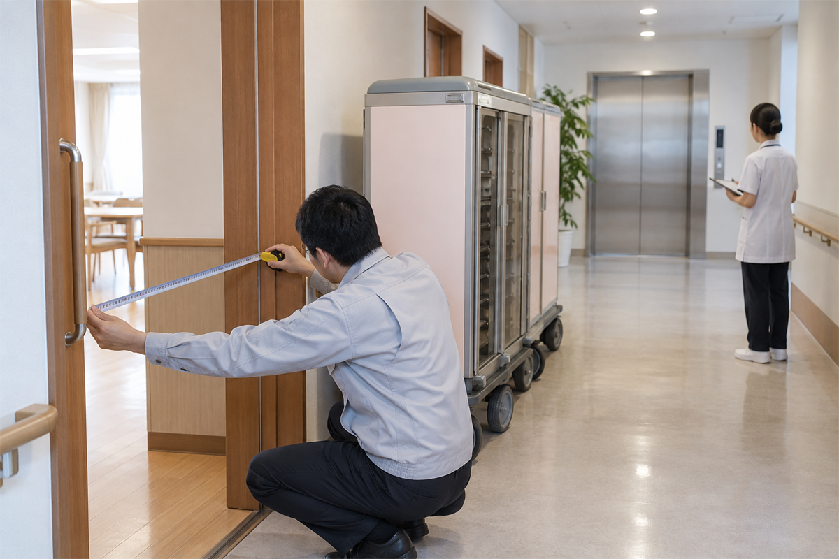 温冷配膳車の搬出経路と扉の開口幅を確認する様子