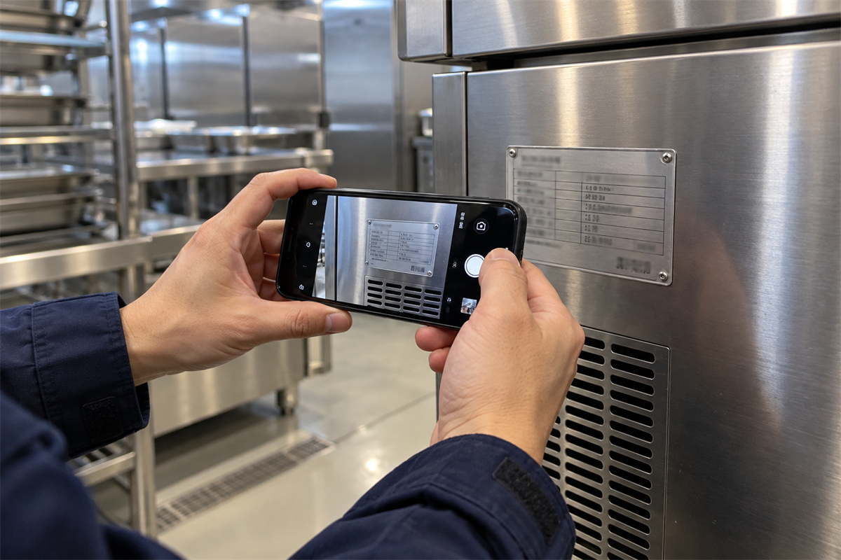 ブラストチラー側面の銘板をスマートフォンで撮影する様子