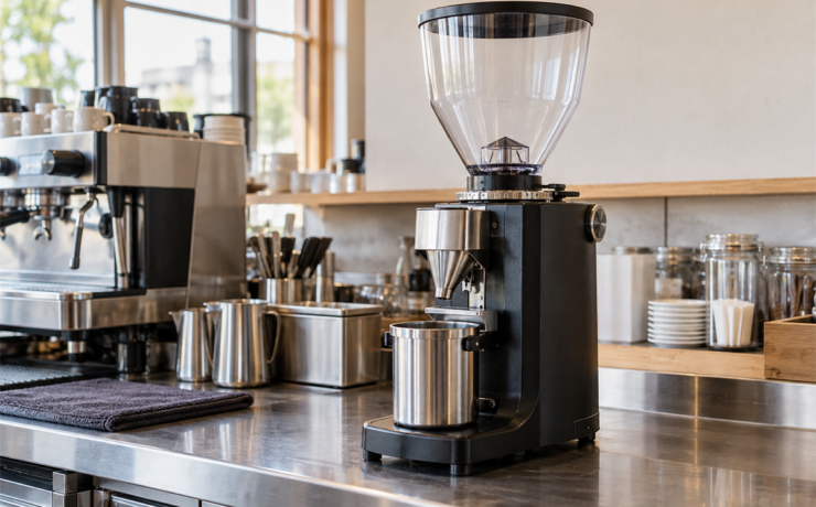 ホッパーと粉受けを装着した業務用コーヒーミルの全体像