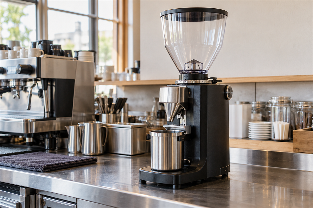 ホッパーと粉受けを装着した業務用コーヒーミルの全体像