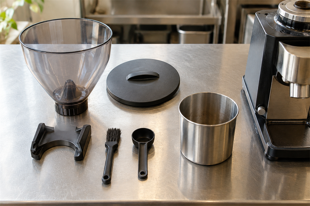 業務用コーヒーミルのホッパー、ふた、粉受け、付属品を分けて並べた状態