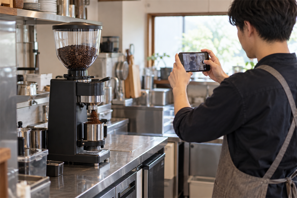業務用コーヒーミルの動作音を安全な距離から撮影する担当者