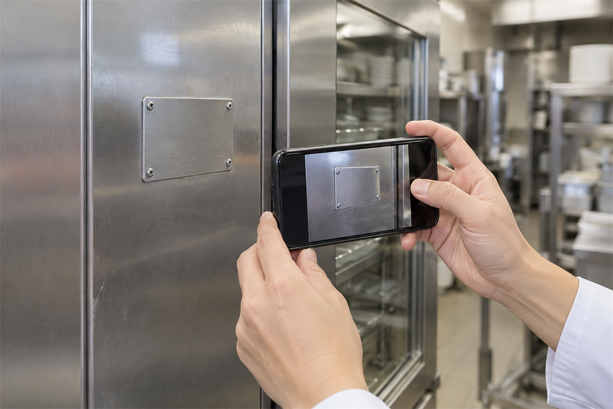 食器消毒保管庫の銘板位置をスマートフォンで撮影する様子
