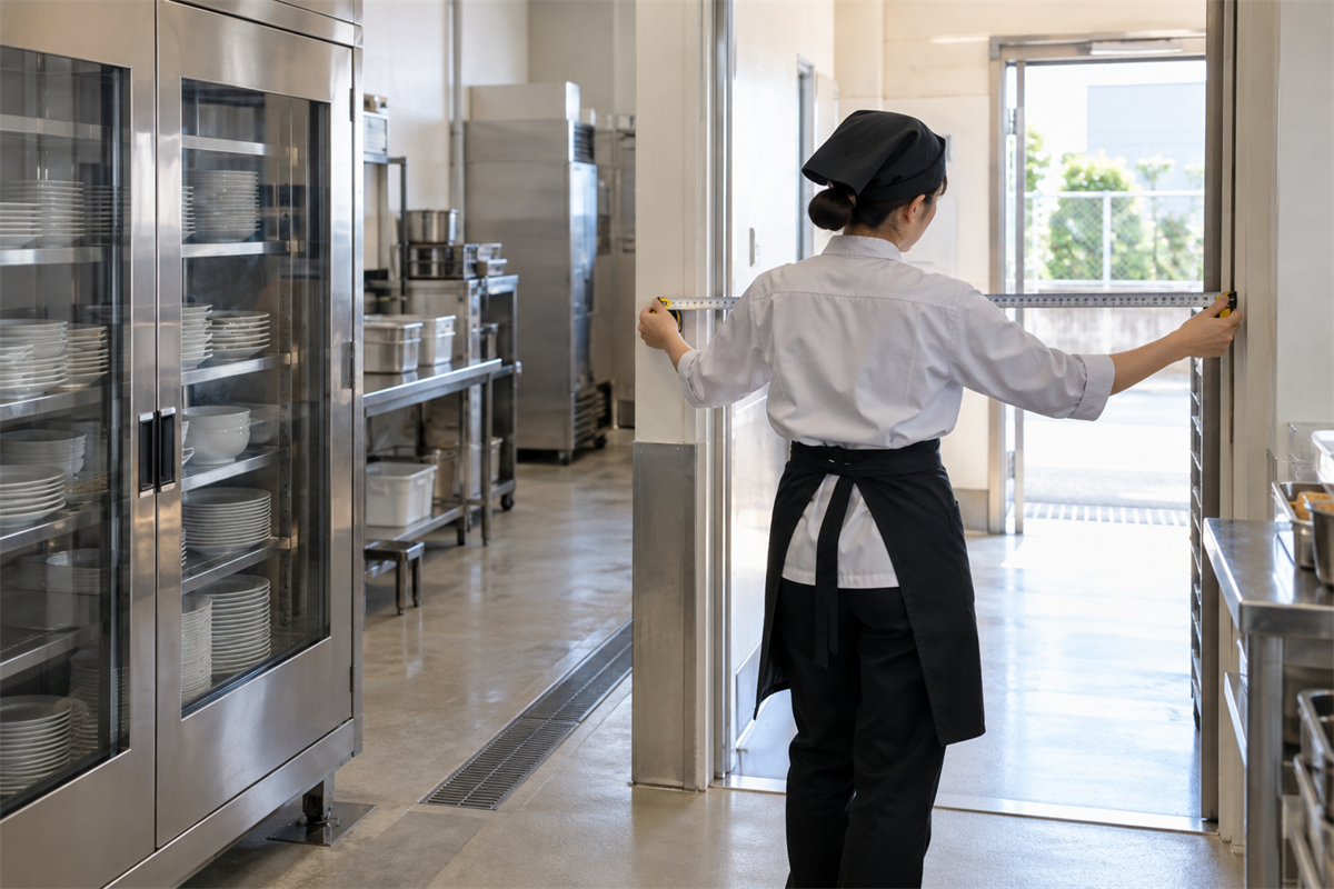 食器消毒保管庫の搬出経路にある扉の開口幅を測る様子
