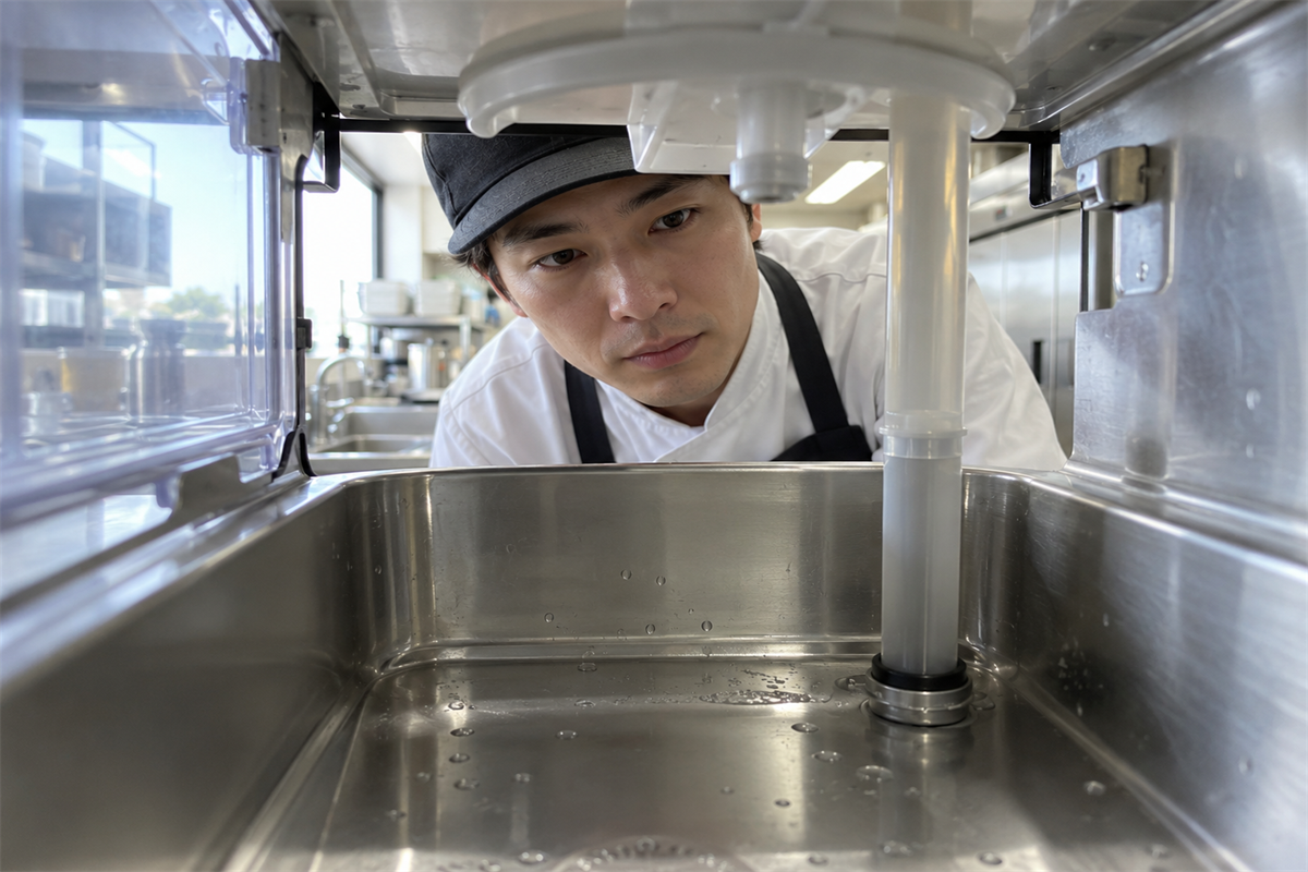 水分が残っていないかドリンクディスペンサー内部を目視する様子