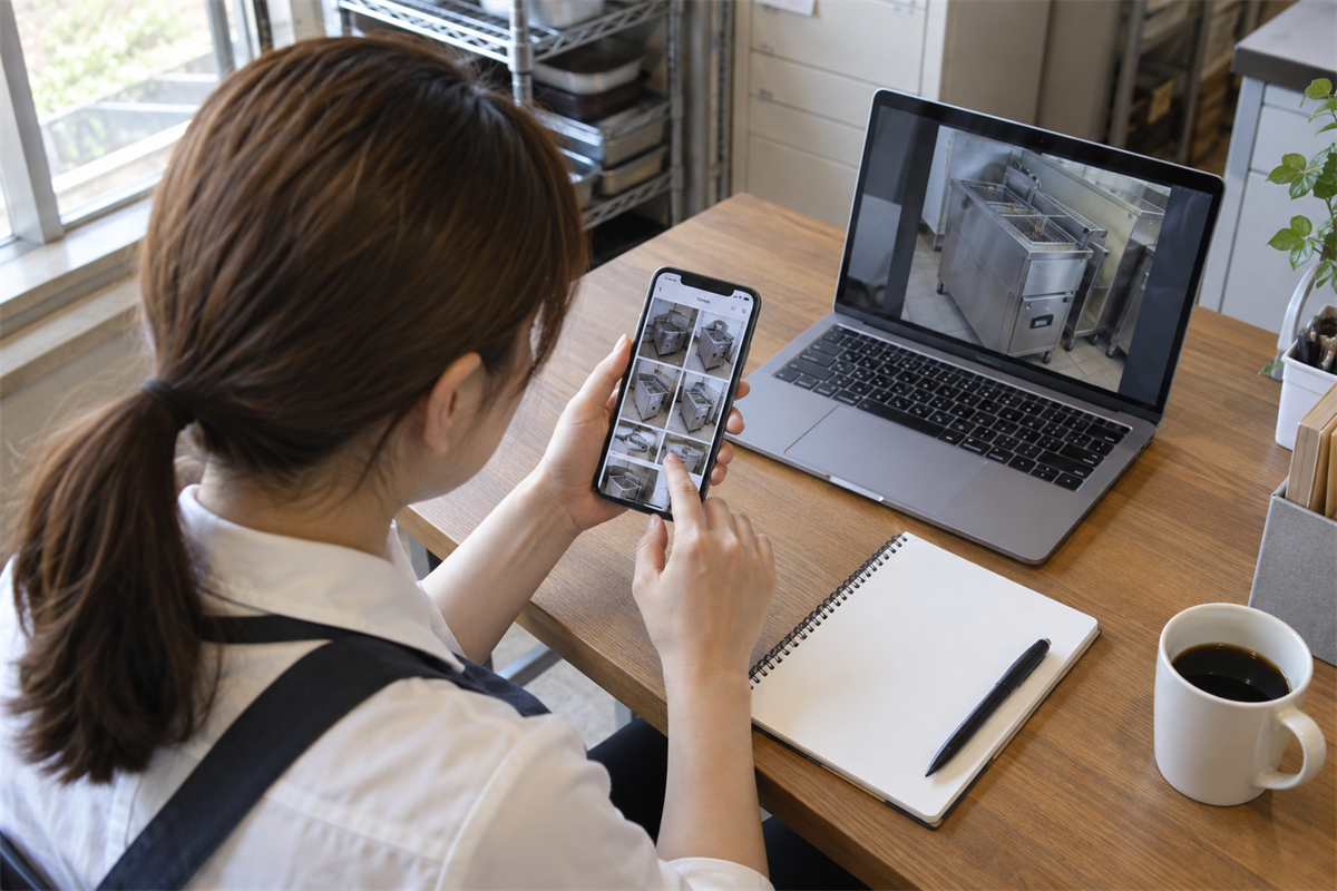 業務用フライヤーの売却相談に必要な写真を整理する担当者