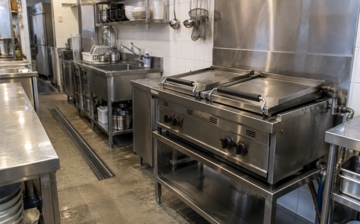 厨房に設置された業務用餃子焼き器の全景