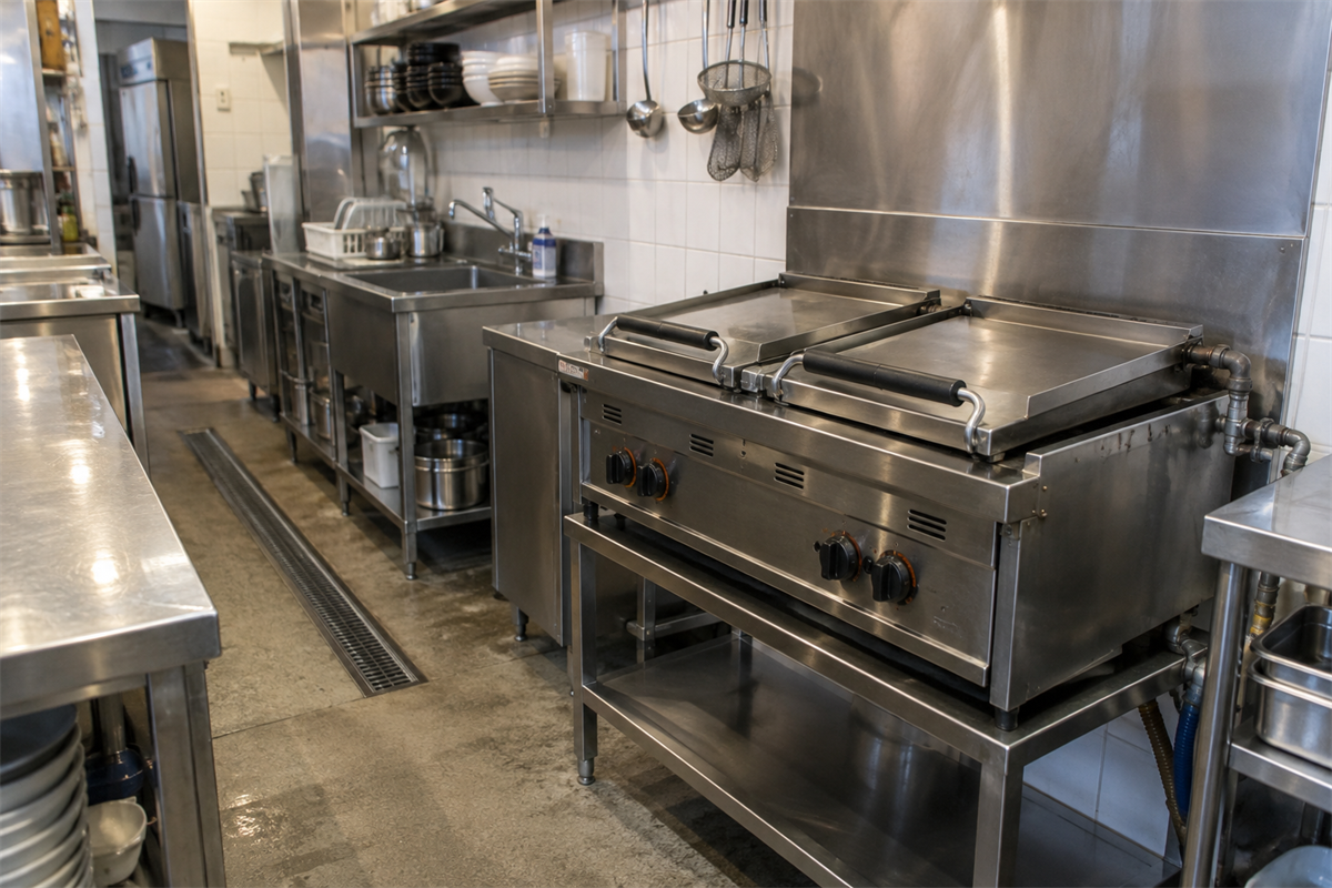 厨房に設置された業務用餃子焼き器の全景