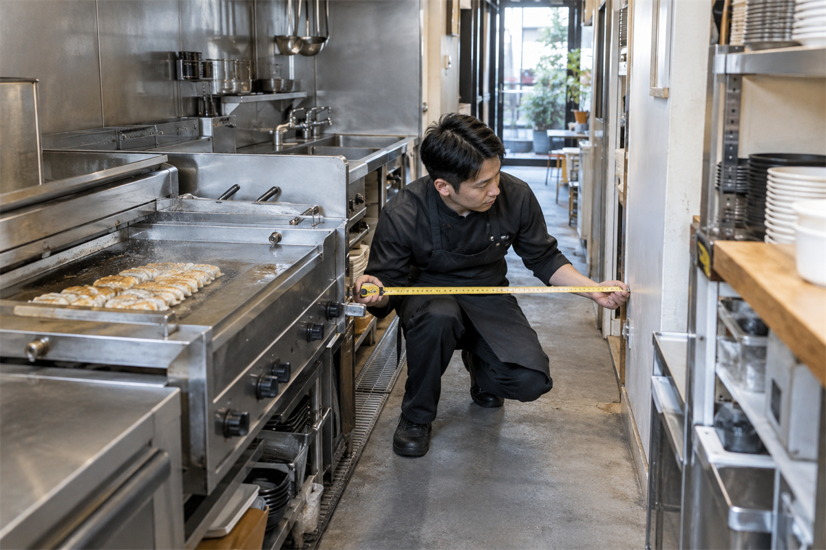 業務用餃子焼き器から厨房出入口までの搬出経路