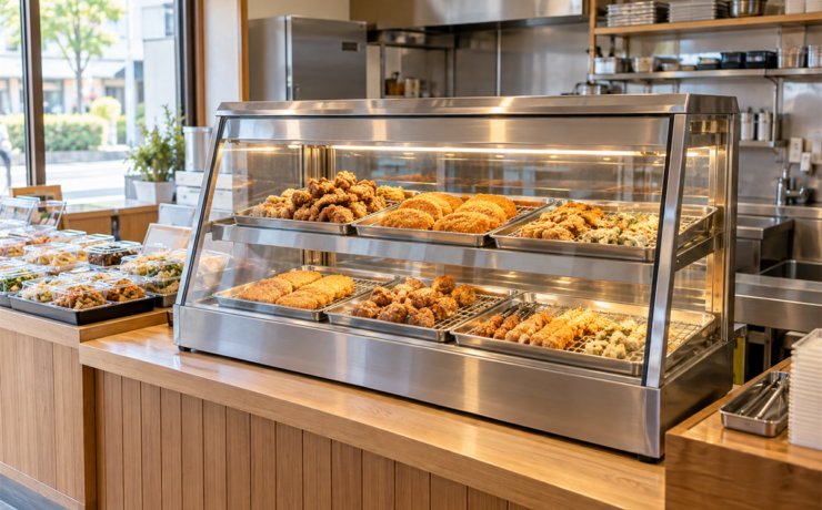 惣菜店のカウンターに設置された業務用ホットショーケースの全景