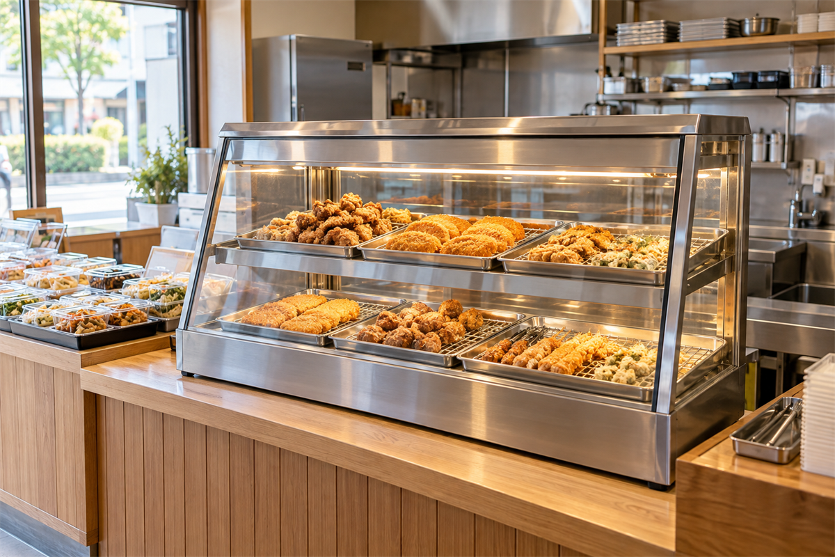 惣菜店のカウンターに設置された業務用ホットショーケースの全景