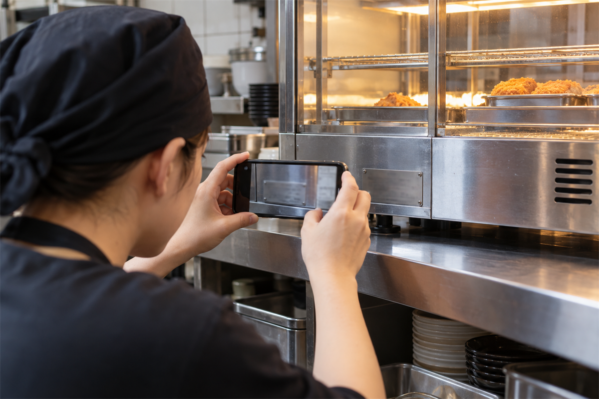 業務用ホットショーケースの銘板位置をスマートフォンで撮影する様子
