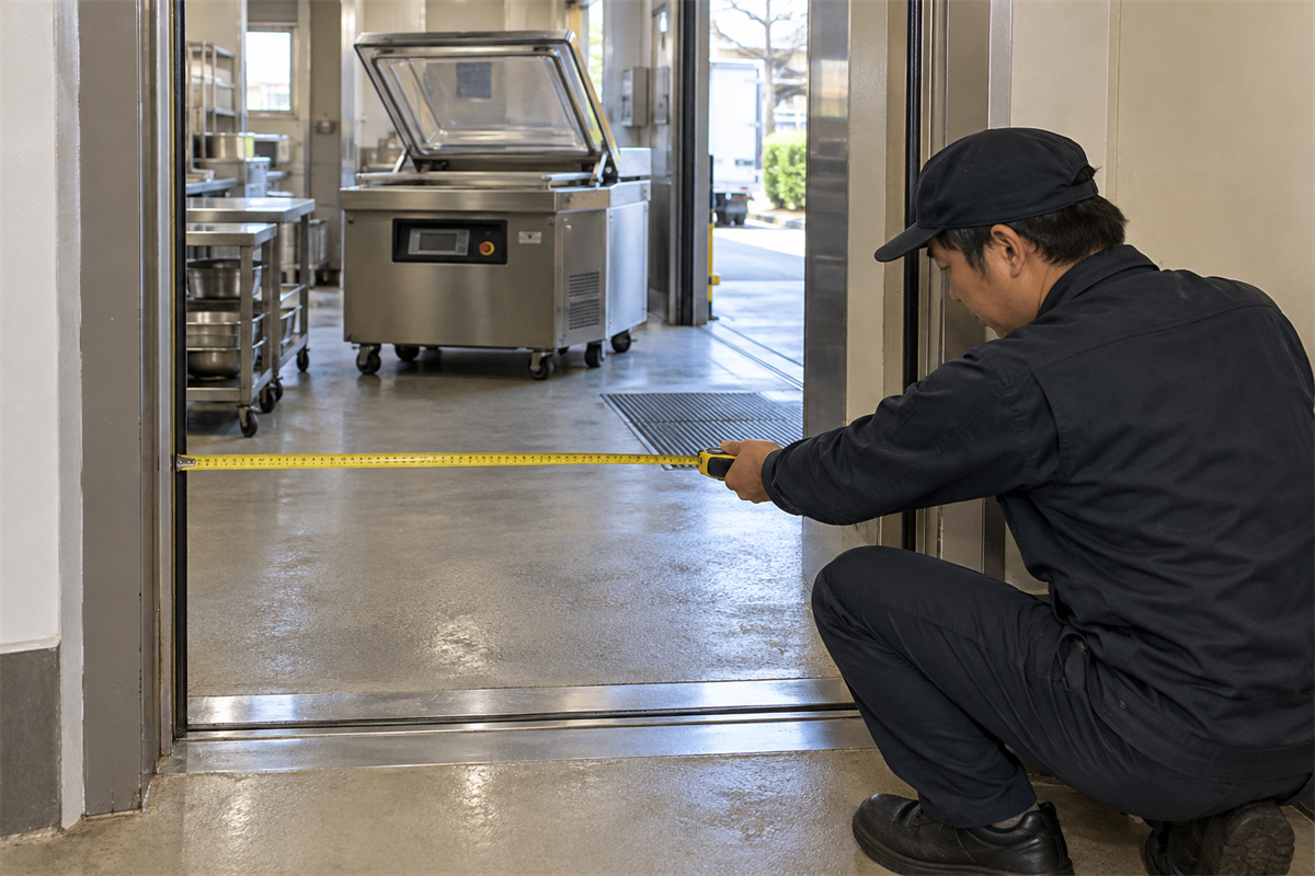 真空包装機の搬出経路にある扉の有効幅を測る作業者