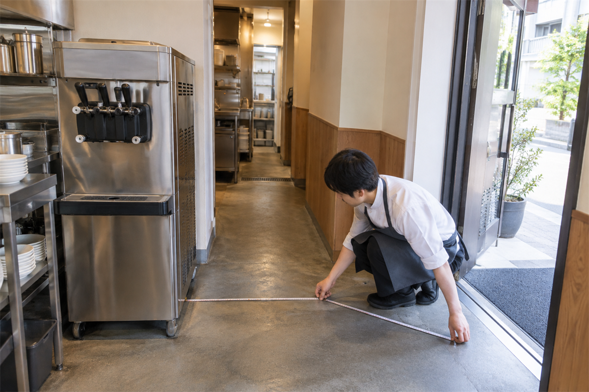 ソフトクリームフリーザーから店舗出口までの搬出経路を採寸する様子